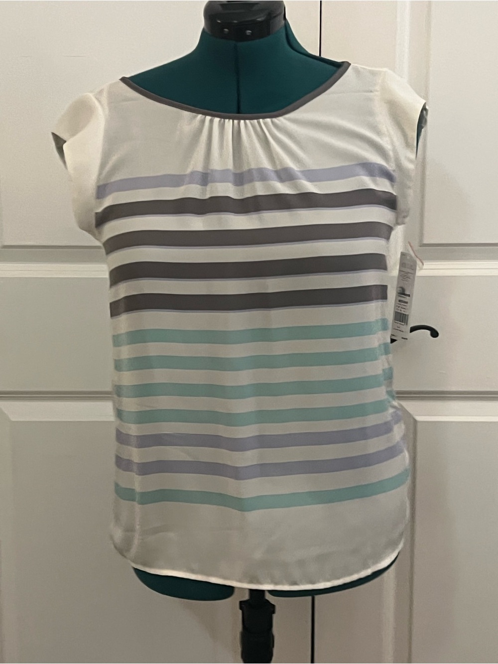 Elle Striped Cap-Sleeve Blouse in White, Gray, Lavender and Mint